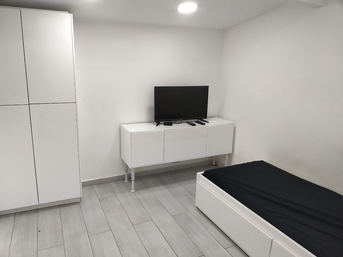 A modern studio space features a minimalist design with pale wood floors. A spacious bed sits in one corner, while a sleek white cabinet and TV stand are positioned against the opposite wall, housing a flat-screen television. Soft, even lighting is provided by a ceiling fixture.