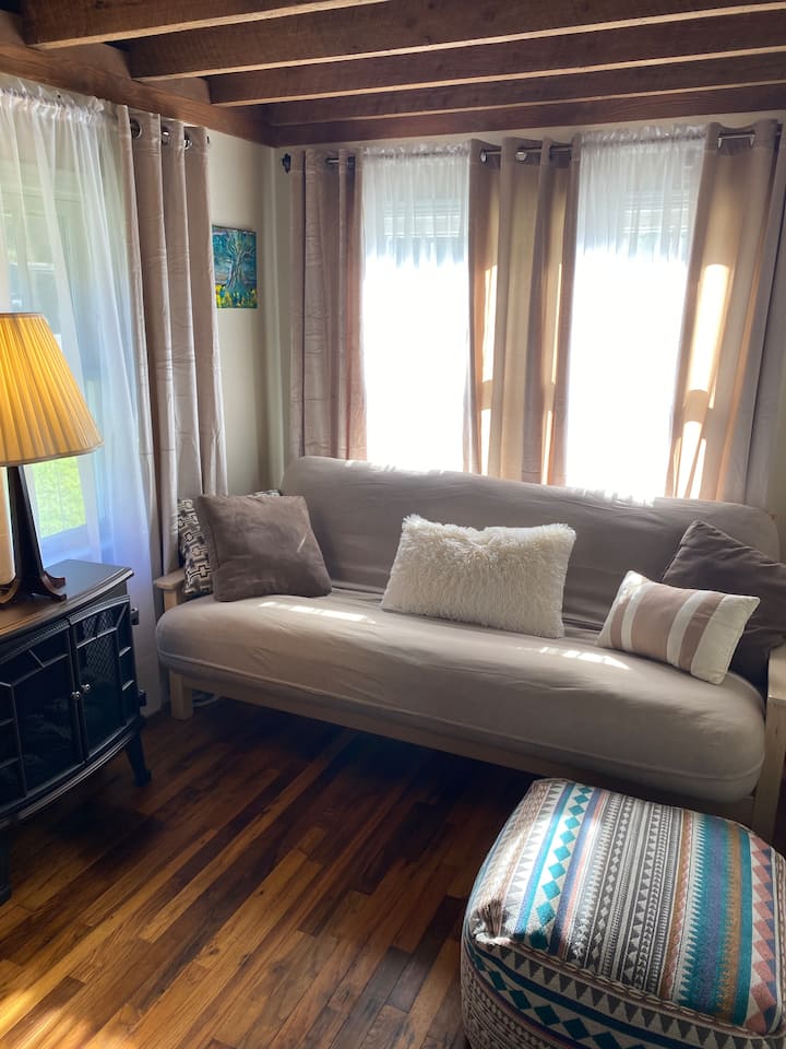 חדר שמש עם מיטת פוטון בגודל מלא, קמין חשמלי וטישטרי.