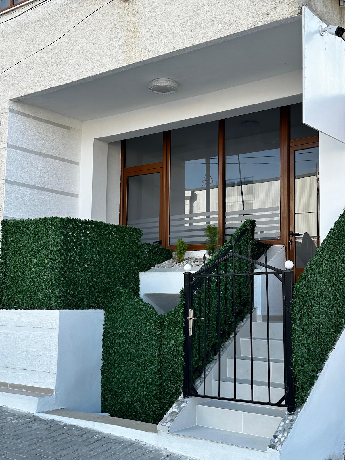 A well-maintained entrance to the home is framed by lush green hedges. Steps lead up to a set of glass doors, providing direct access indoors. A black iron gate adds security and complement to the overall welcoming appearance.