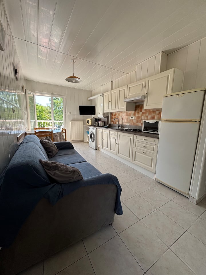 Напълно оборудвана кухня/всекидневна с разтегателен диван. 