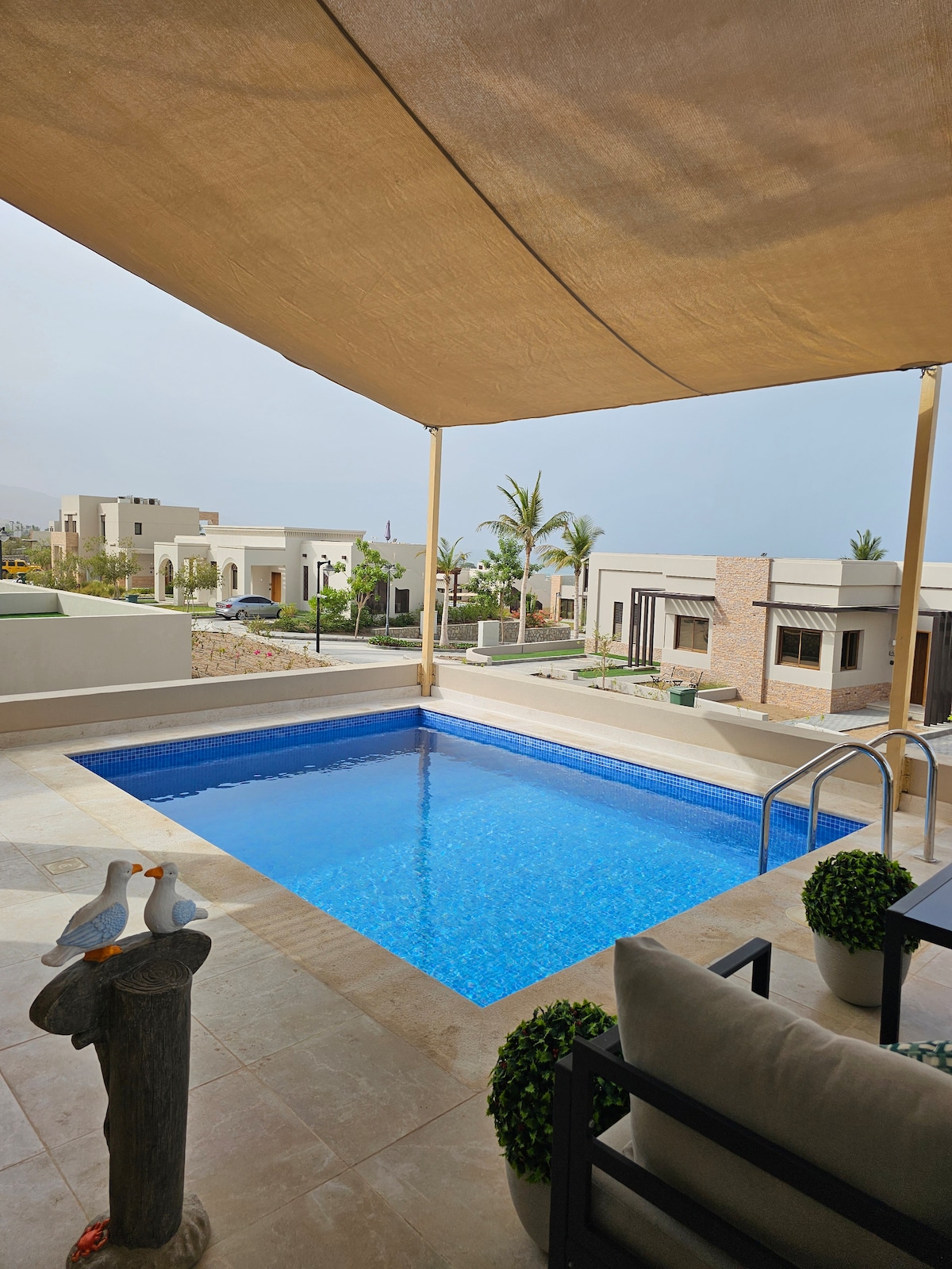 A private pool is surrounded by a spacious stone patio, featuring comfortable seating and lush greenery. A shaded area provides relief from sunlight, while modern homes are visible in the background, complemented by palm trees and clear skies.