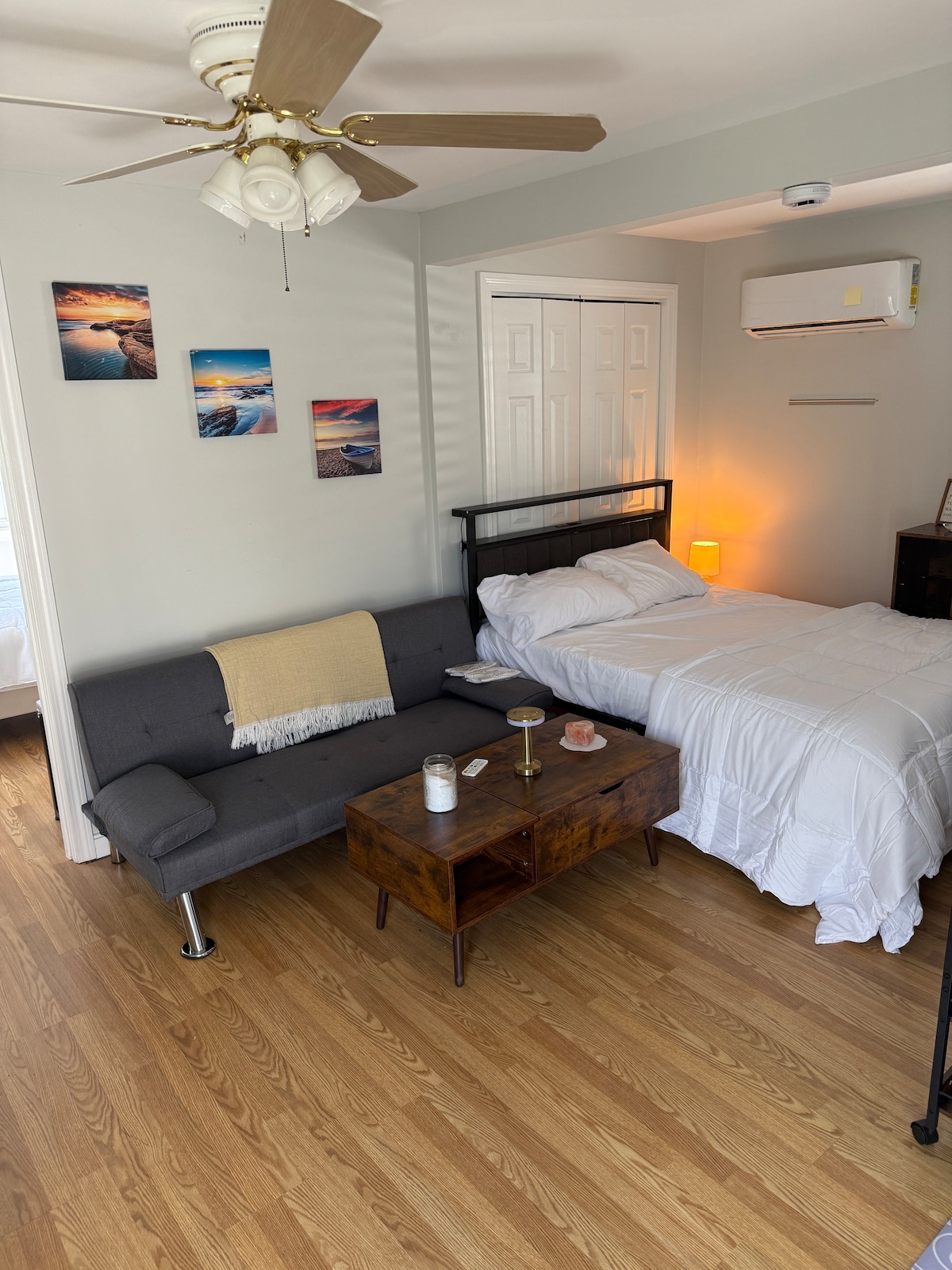 Combinaison salon et chambre à coucher à aire ouverte avec décor confortable. 