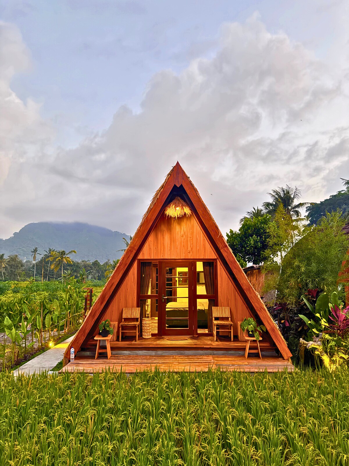 A unique triangular wooden structure is set amidst lush greenery, with rice fields in the foreground. Two chairs are placed on a wooden deck, facing large glass doors that reveal a bright interior. A serene mountain view is presented in the background.