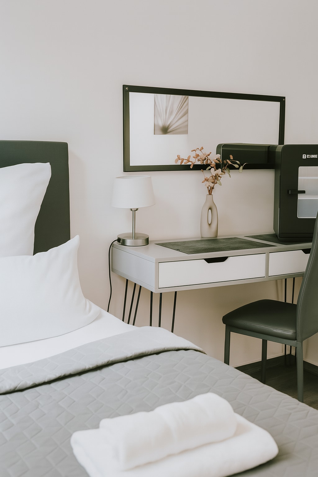 A comfortable sleeping area is presented, featuring a spacious bed with crisp white linens and a decorative throw. A small desk with a vase of dried flowers is positioned nearby, accompanied by a chair. A lamp and a coffee machine are also visible, enhancing convenience.