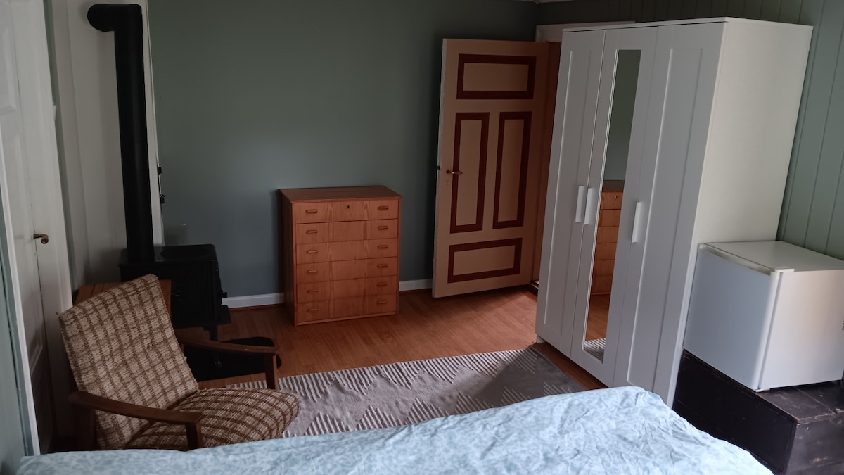 A room is furnished with a spacious bed, a wooden dresser, and a white wardrobe. A comfortable chair is positioned near a sleek stove. A small refrigerator is situated in one corner, and natural light softly illuminates the space.