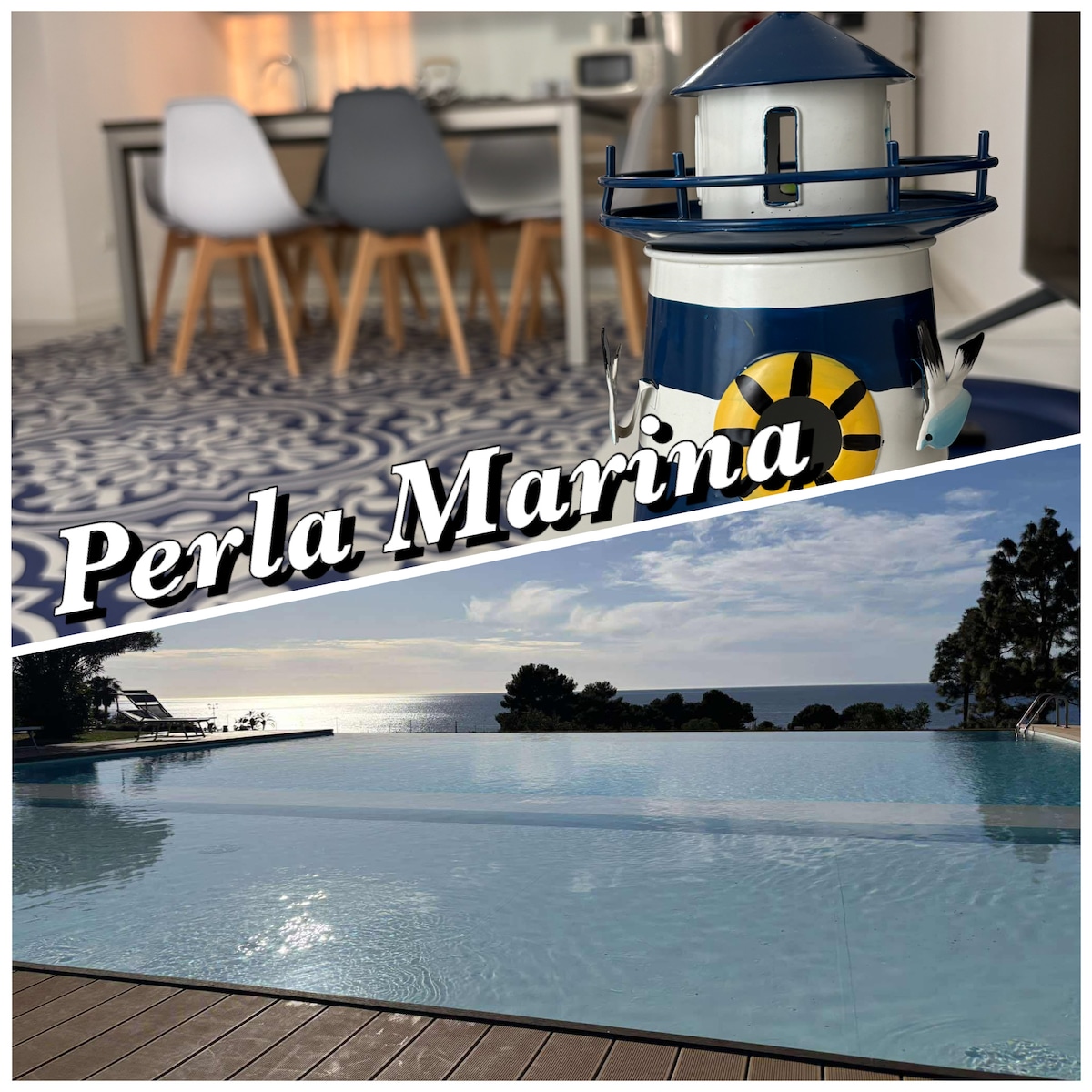 A stylish dining area is highlighted by a patterned rug and modern chairs, featuring a decorative lighthouse figure. A tranquil infinity pool is visible in the foreground, reflecting the sky and surrounding trees, creating a serene atmosphere for guests.