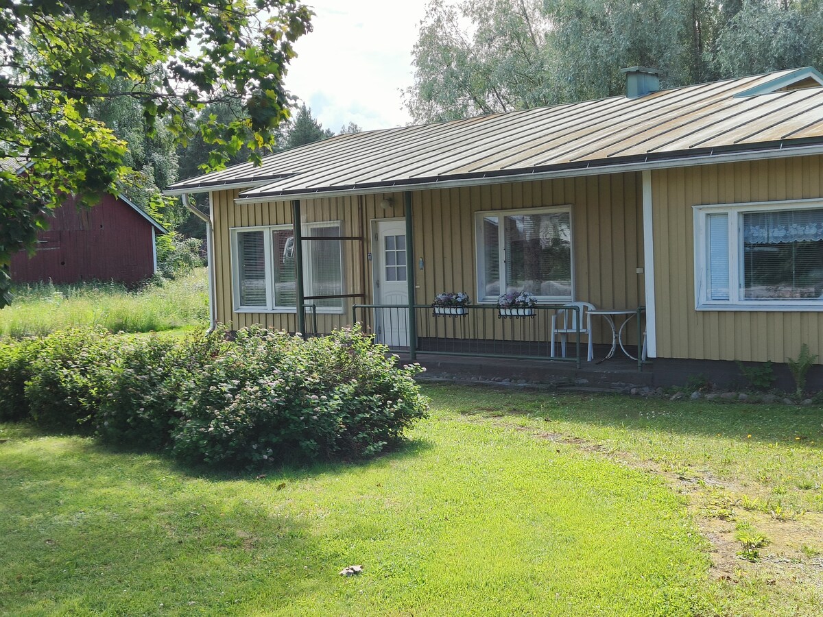 A single-story home is presented with a yellow exterior and a metal roof. Decorative plants border the entrance, while a small seating area with a table and chairs is seen on the porch. Lush greenery surrounds the property, contributing to a serene environment.