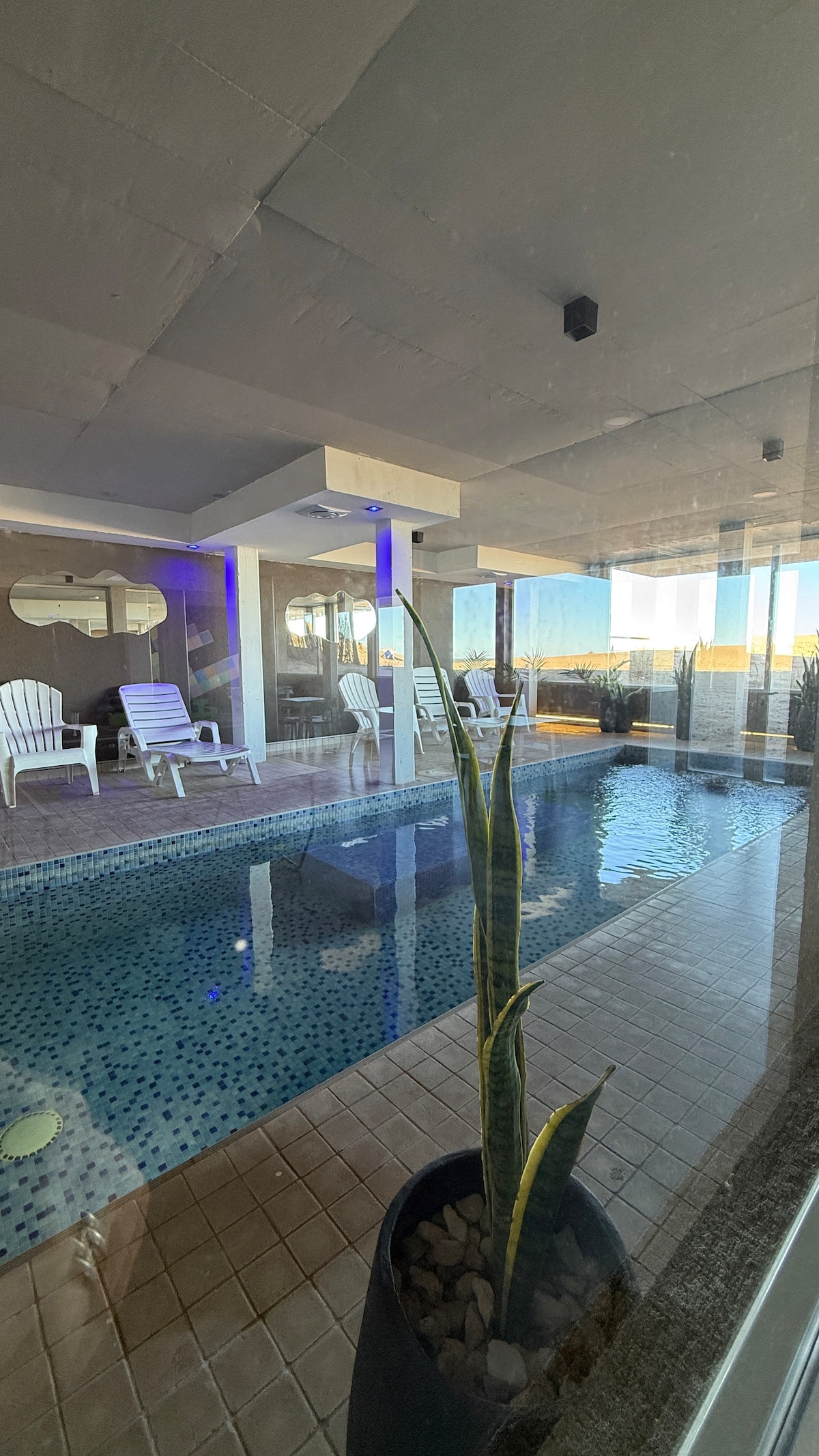 An indoor pool area is showcased, featuring a spacious pool with mosaic tiles. White lounge chairs are arranged for relaxation beside the water. Large windows offer views of the ocean, while decorative plants provide a touch of greenery in the serene environment.