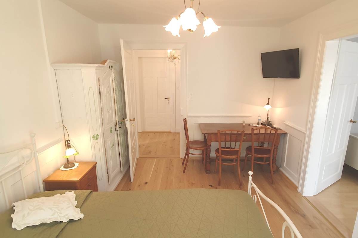 A well-lit room features a spacious bed with a green cover, a wooden table with several chairs, and a small lamp. An armoire stands against the wall, accompanied by a television mounted near the ceiling. Light wood flooring enhances the room's brightness.