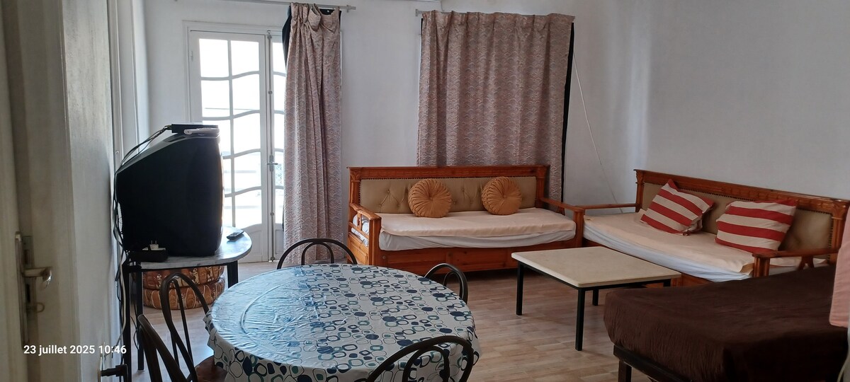 A bright living area features wooden furniture, including a sofa with cushions and a coffee table. A dining table with a patterned tablecloth accommodates several chairs. Light enters through a glass door, with curtains providing a soft, filtered glow.