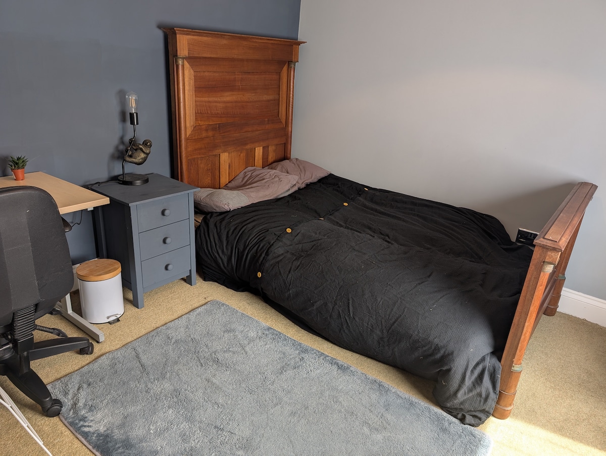 A spacious bedroom features a large bed with dark bedding against a blue wall. A wooden headboard adds a touch of warmth. A desk with a lamp and a chair, along with a small nightstand, are arranged beside the bed. A soft rug completes the setting.