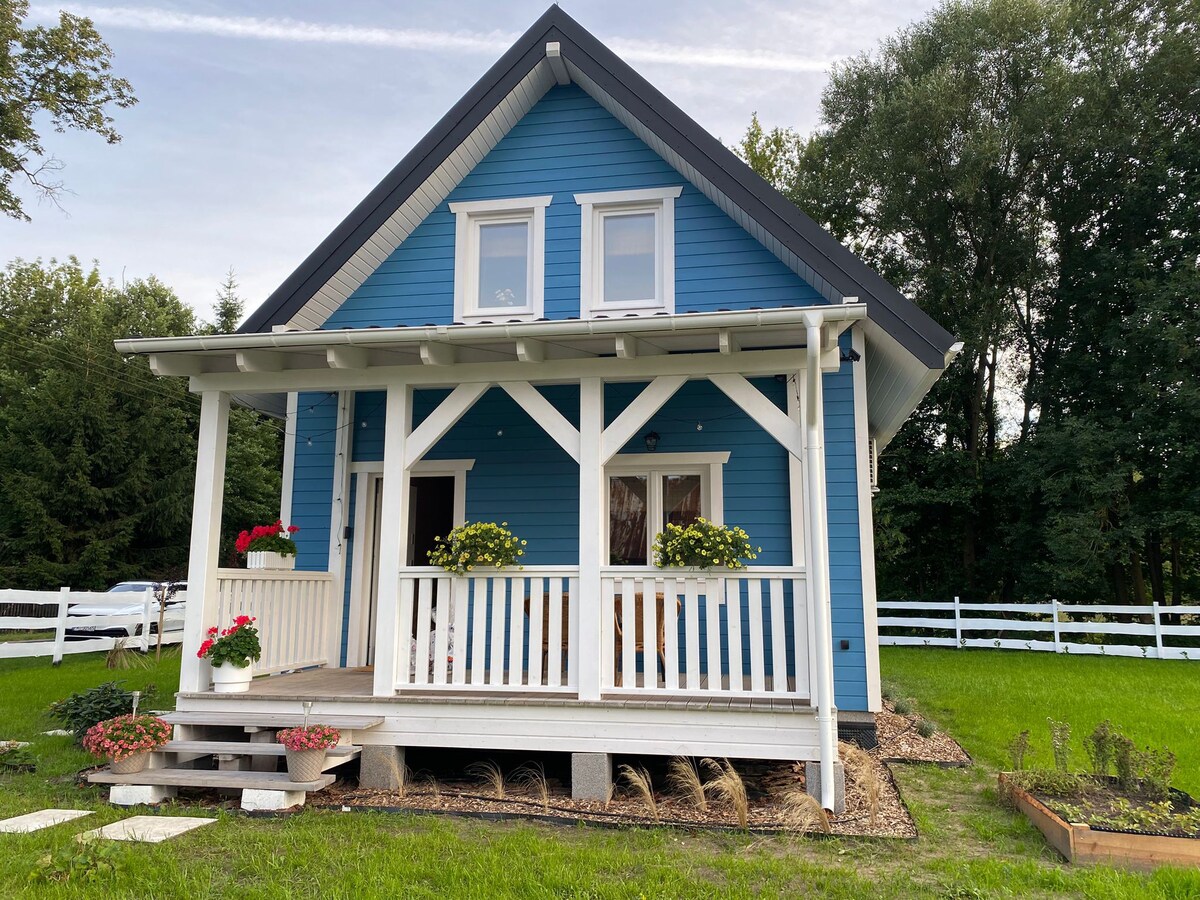 A bright blue house features a welcoming covered porch adorned with potted plants. The entrance is framed by white railings, and the well-maintained lawn is bordered by a white fence. Large windows allow for natural light, set against a backdrop of greenery.