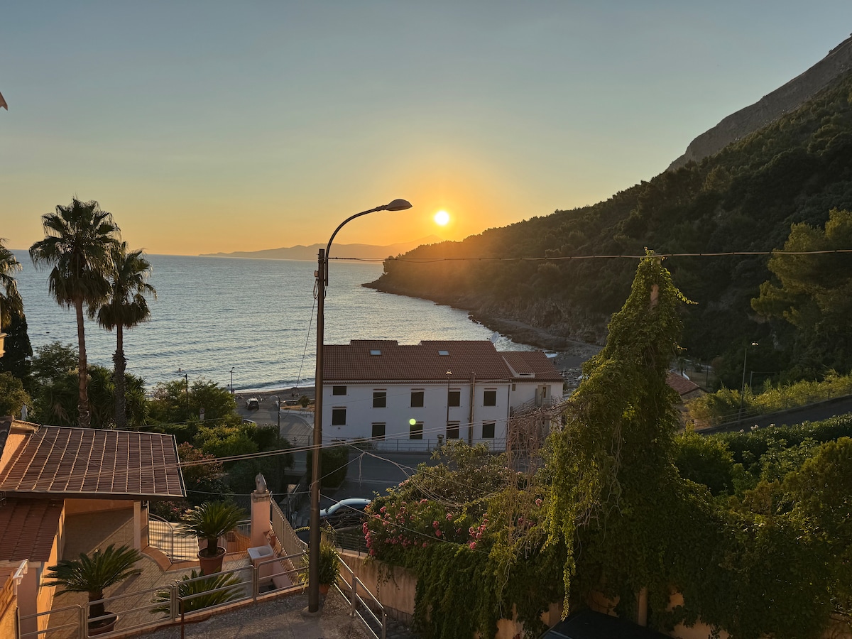A stunning sunset is captured over the coastline, with the sun dipping beyond the horizon. Lush greenery and palm trees frame the scene, while a glimpse of the tranquil sea reflects warm hues. Nearby buildings and roadways are visible, enhancing the coastal setting.