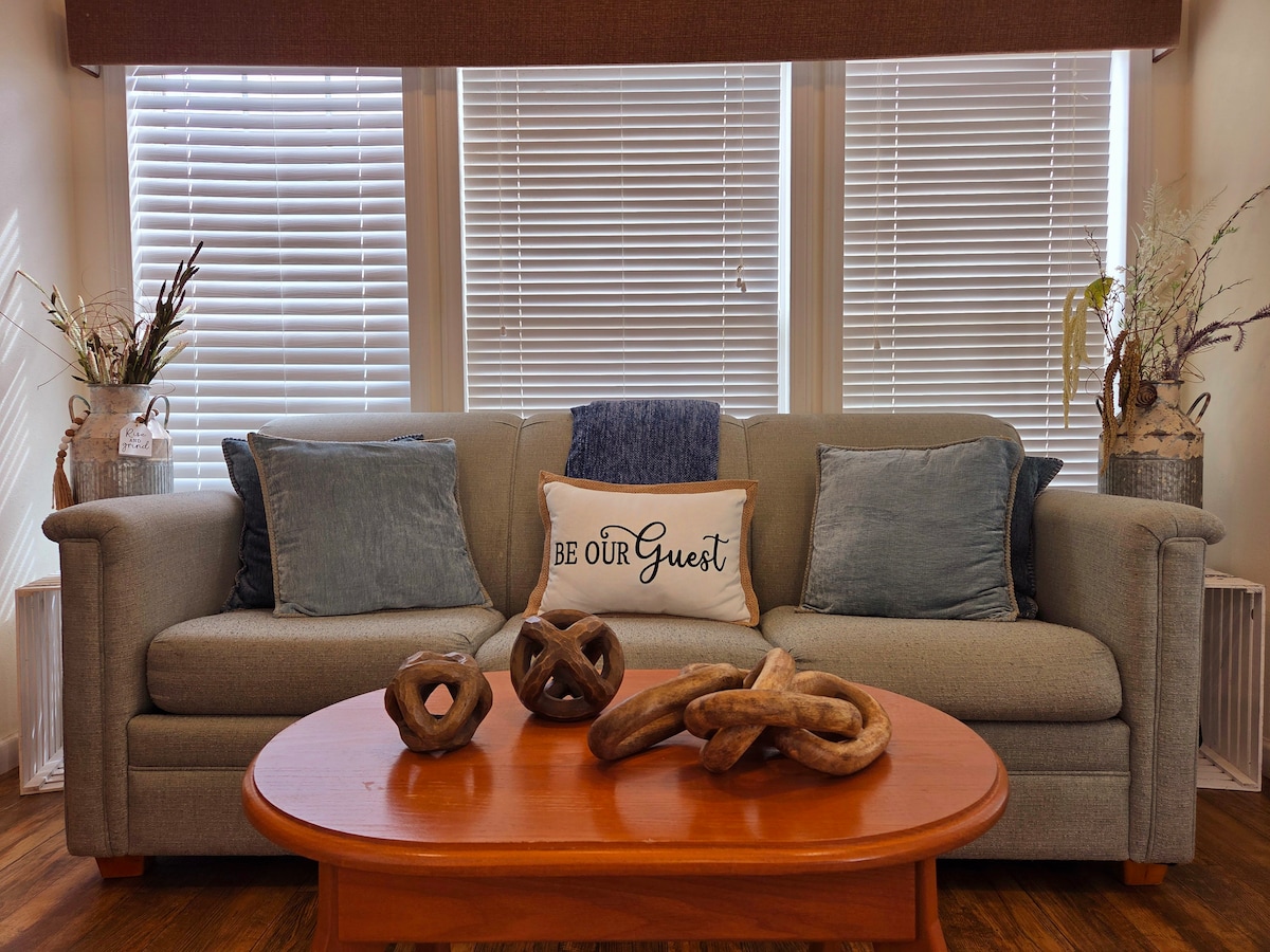 سرير أريكة في غرفة المعيشة مع مرتبة رغوية بحجم كوين. 