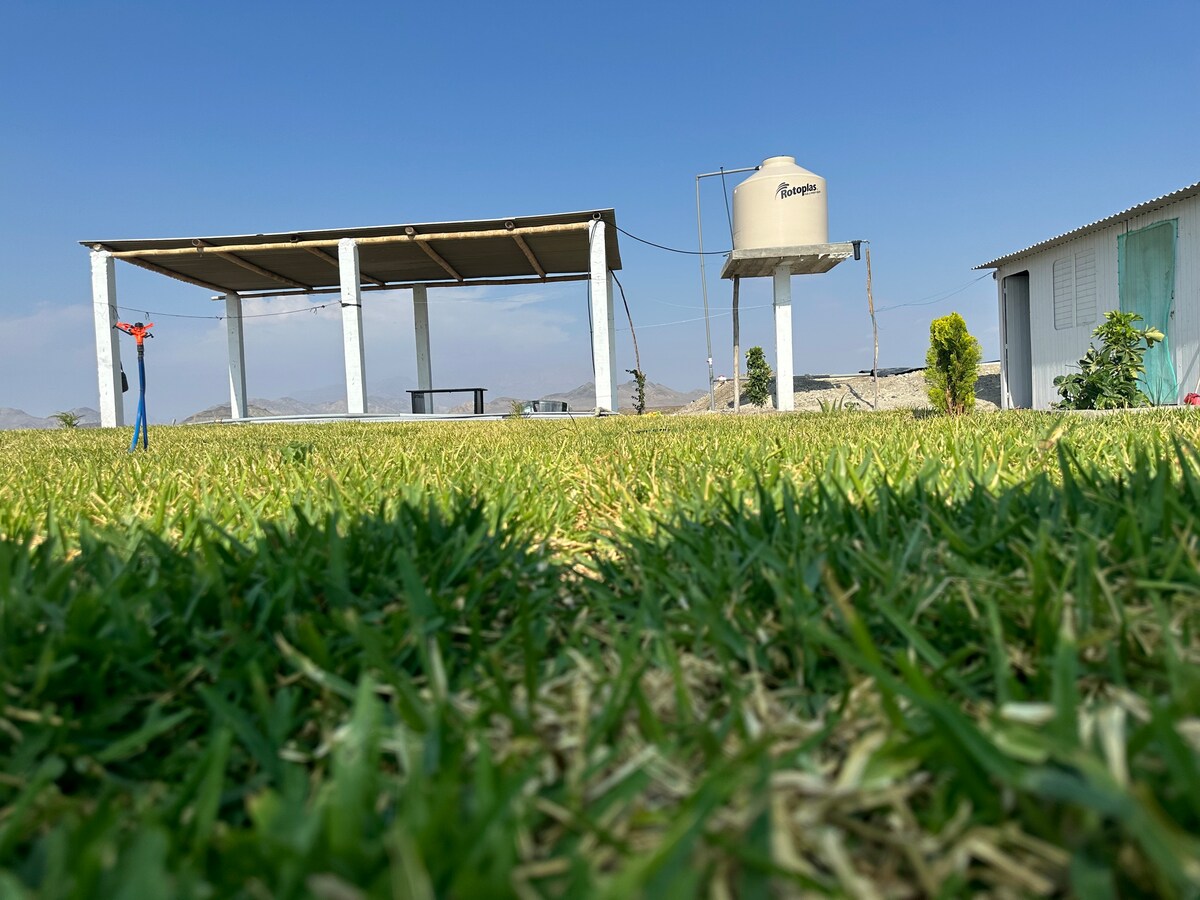 A spacious outdoor area is depicted, featuring a covered structure supported by columns. Nearby, a water tank is positioned above the ground. Lush green grass covers the foreground, while a hint of low vegetation is visible in the background under a clear blue sky.