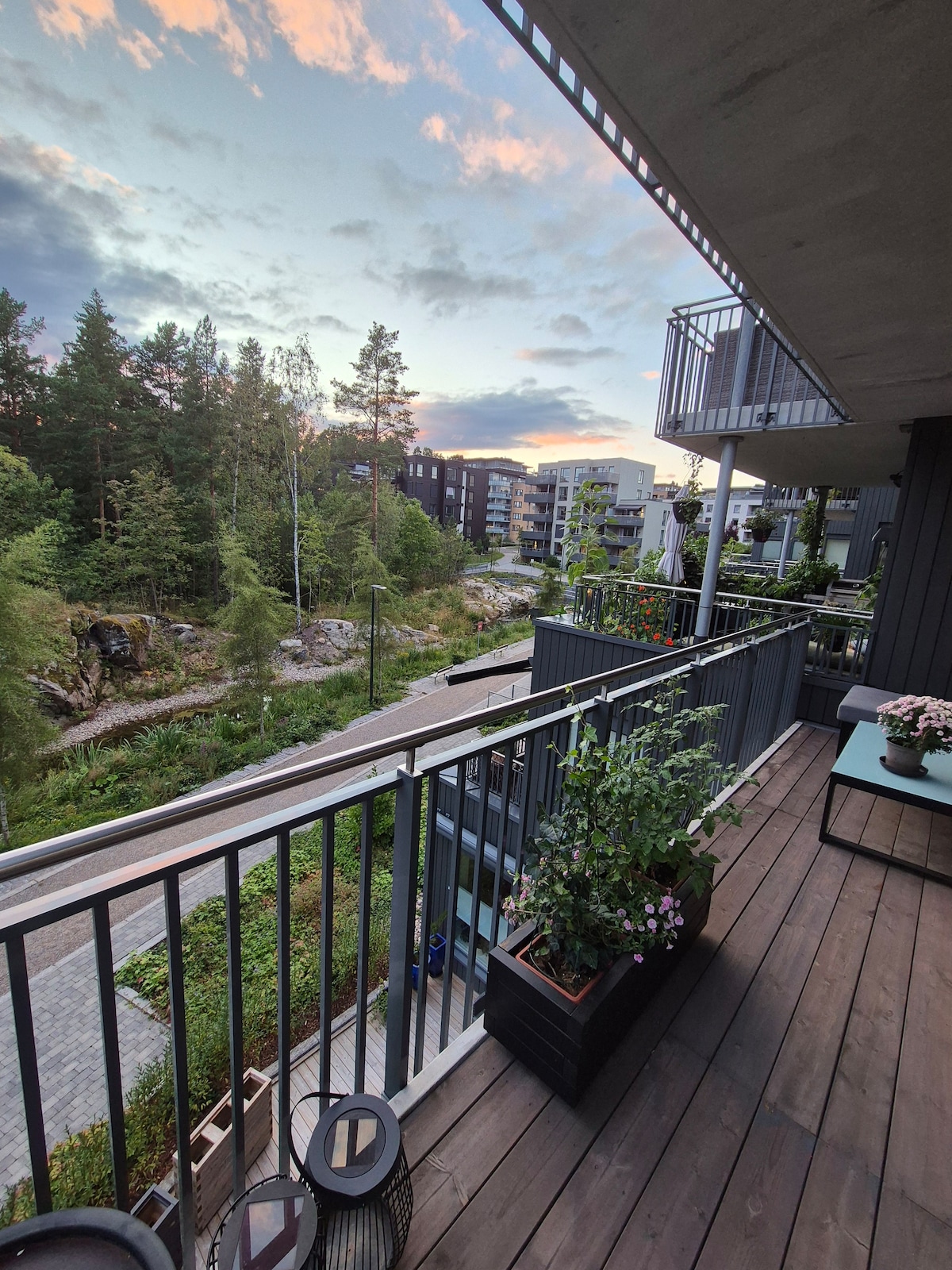 A balcony with wooden flooring extends from the apartment, surrounded by potted plants. The railing offers a view of lush greenery and modern buildings, with a path visible among the trees. A serene sunset sky adds a gentle warmth to the scene.