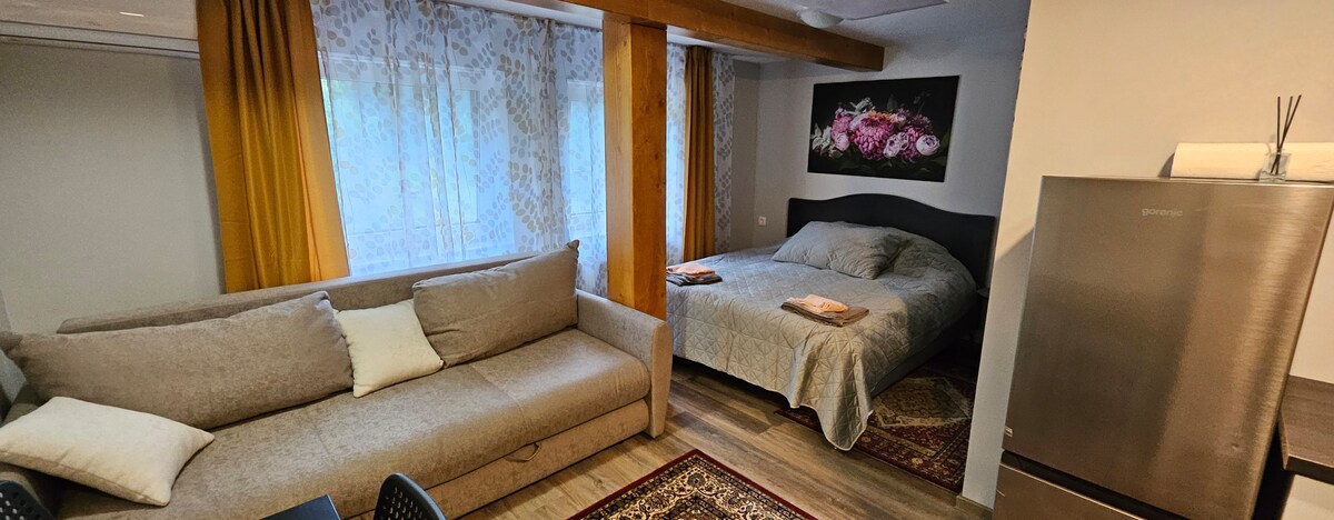 A cozy interior features a spacious bed draped with a soft coverlet, positioned next to a large window with sheer curtains. A neutral-toned sofa is placed nearby, complemented by a decorative area rug. The room's ambiance is enhanced by warm wooden beams and light wall colors.