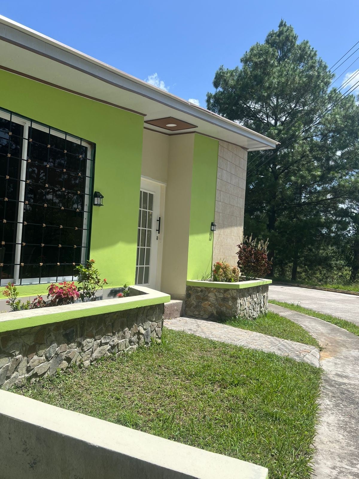 The bright exterior of a house showcases a combination of green and natural stone accents. A well-maintained front yard features neatly arranged plants and a gravel pathway leading to the entrance. Tall trees are visible in the background, contributing to a serene environment.