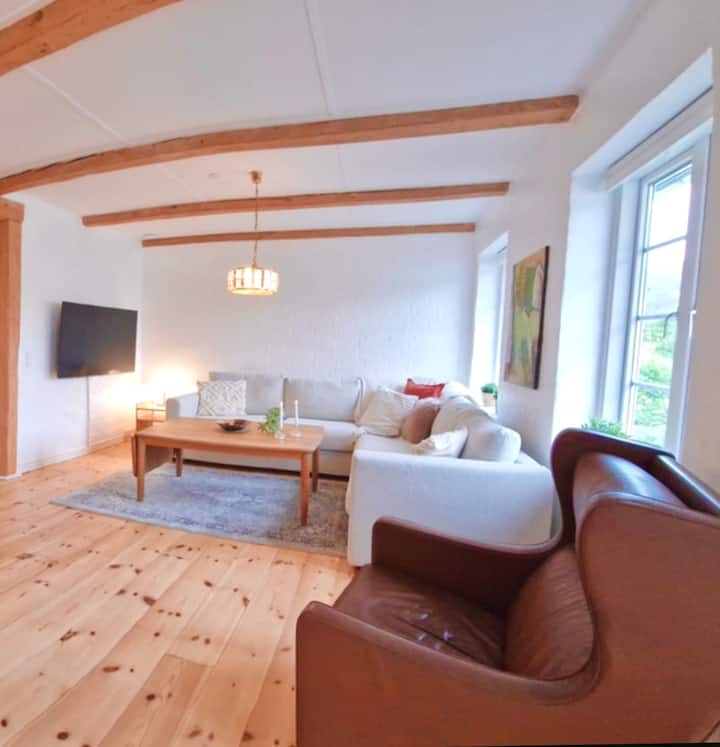 Bright and warm living room with visible wooden beams and soft details. Here you can relax in the spacious sofa, which can easily be converted into a comfortable double bed, or in the comfortable armchair - perfect for cozy evenings and peace after an eventful day.