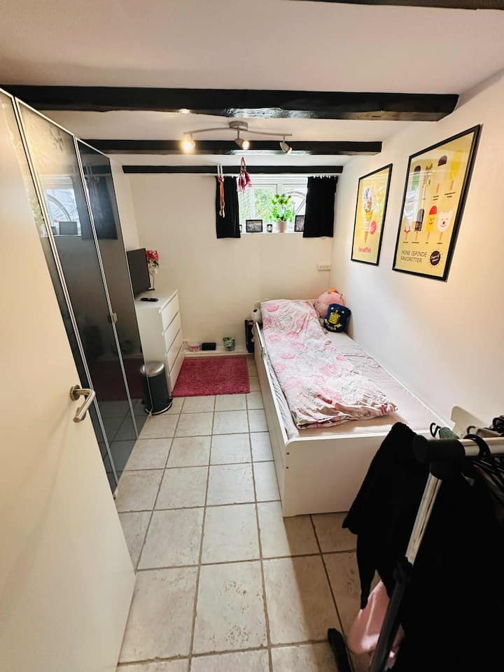 Მყუდრო ოთახი სახლის ქვედა დონეზე, სააბაზანოსთან ახლოს. Საძინებელი სივრცე 1-2 ადამიანისთვის (ზრდასრულებისთვის ან ბავშვებისთვის) 80 × 200 სმ საწოლით და იმავე ზომის გამოსაწევი საწოლით, რომელიც მოთავსებულია საწოლის უჯრაში. Სმარტ-ტელევიზორი სტრიმინგის აპებით – იდეალურია როგორც ბავშვებისთვის, ისე ზრდასრულებისთვის.