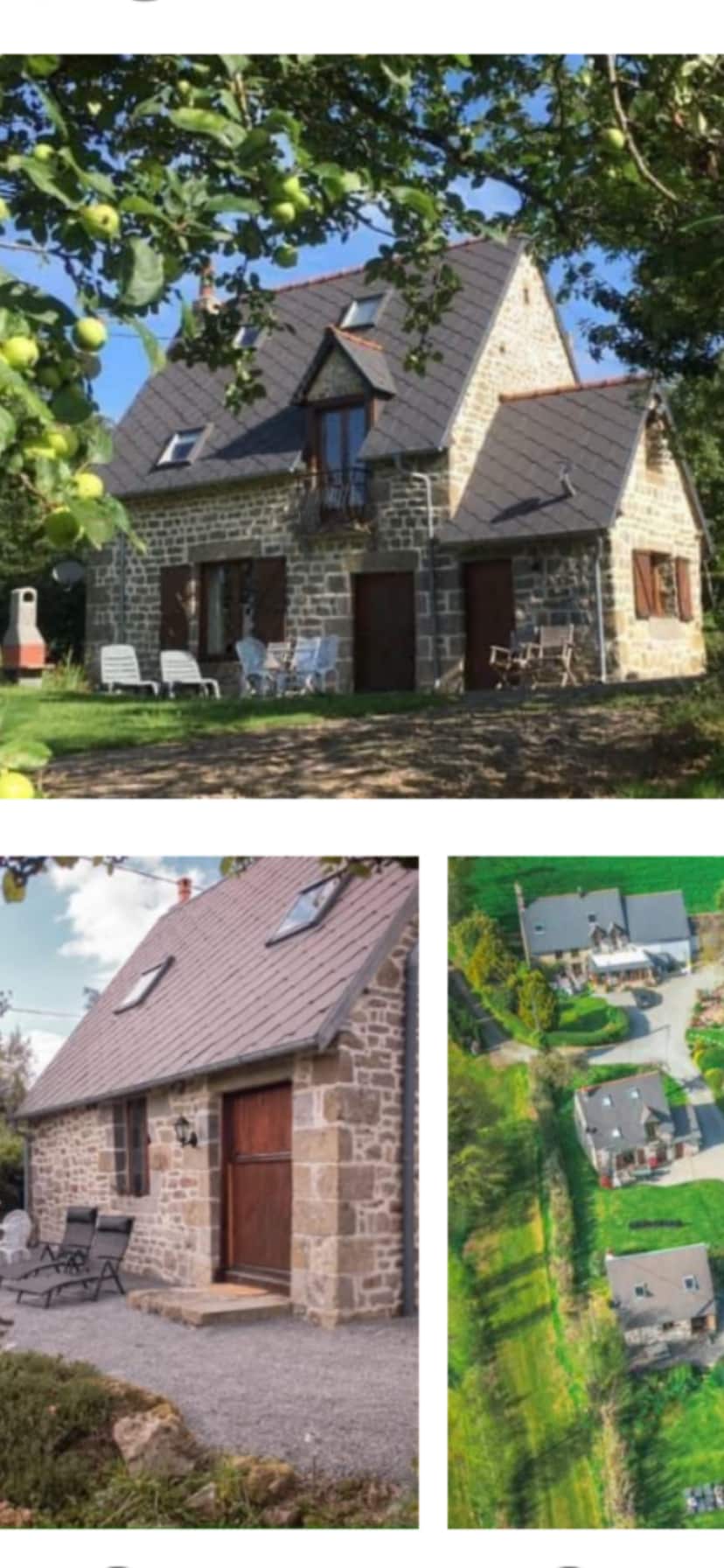 A two-story stone cottage features a welcoming entrance with a wooden door. Outdoor seating is visible in the front yard, surrounded by greenery. The second image displays an aerial view of the property, showcasing the layout of both gites set within the rural landscape.