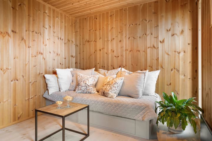 חדר טלוויזיה עם ספה/מיטה. הספה (90*200) יכולה לשמש כמיטה נוספת במידת הצורך. דלת הזזה בין חדר הטלוויזיה לפינת האוכל. 