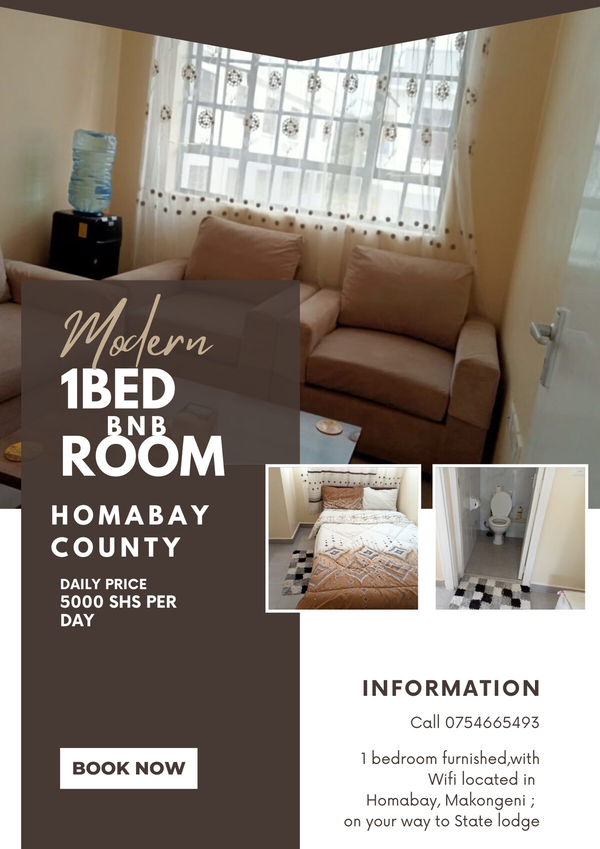 A modern living area is shown, featuring a comfortable seating arrangement with light brown sofas. An intricately patterned rug covers the floor, and large windows allow natural light to fill the space. A neatly made bed with a soft blanket is visible in the background.