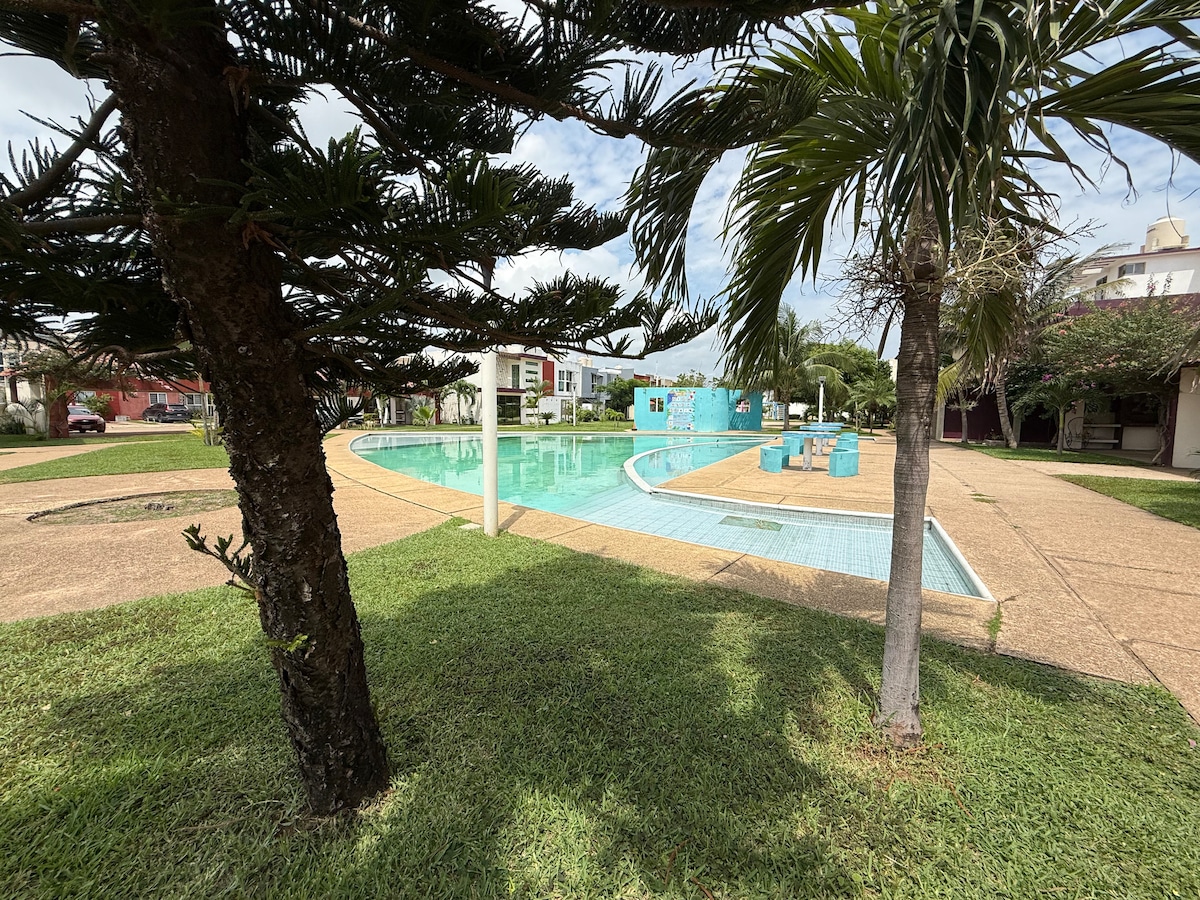 A spacious outdoor area is presented, featuring a large swimming pool surrounded by well-maintained grass and trees. The pool's calm water reflects the skies above. Pathways are visible, leading past the palm and pine trees to various amenities in the vicinity.