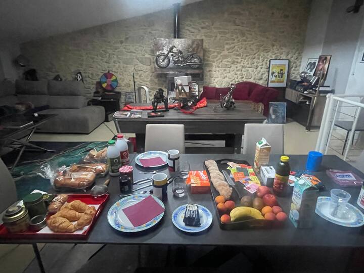 Salon avec grande table permettant d’accueillir plus de 12p, où sont servie les petits déjeuners et les dîners sur réservation, table billard anglais, français, canapé panoramique avec vidéo projecteur grand écran, coin musique et instruments, biblio