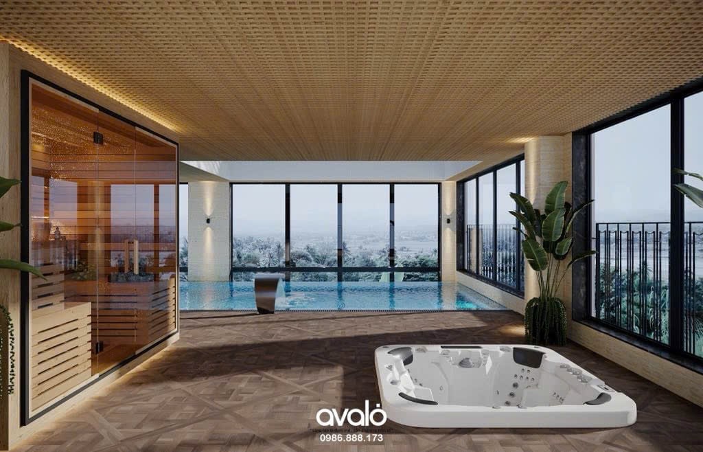 An indoor relaxation area is highlighted by large windows offering sweeping views. A jacuzzi is positioned in the foreground, surrounded by wooden accents and plants. The enclosed swimming pool can be seen in the background, complemented by a warm wooden ceiling and inviting natural light.