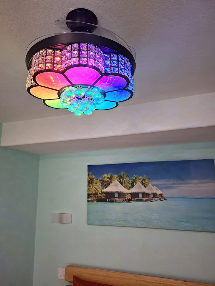Feni mahiri ya dari yenye spika na onyesho la mwanga.