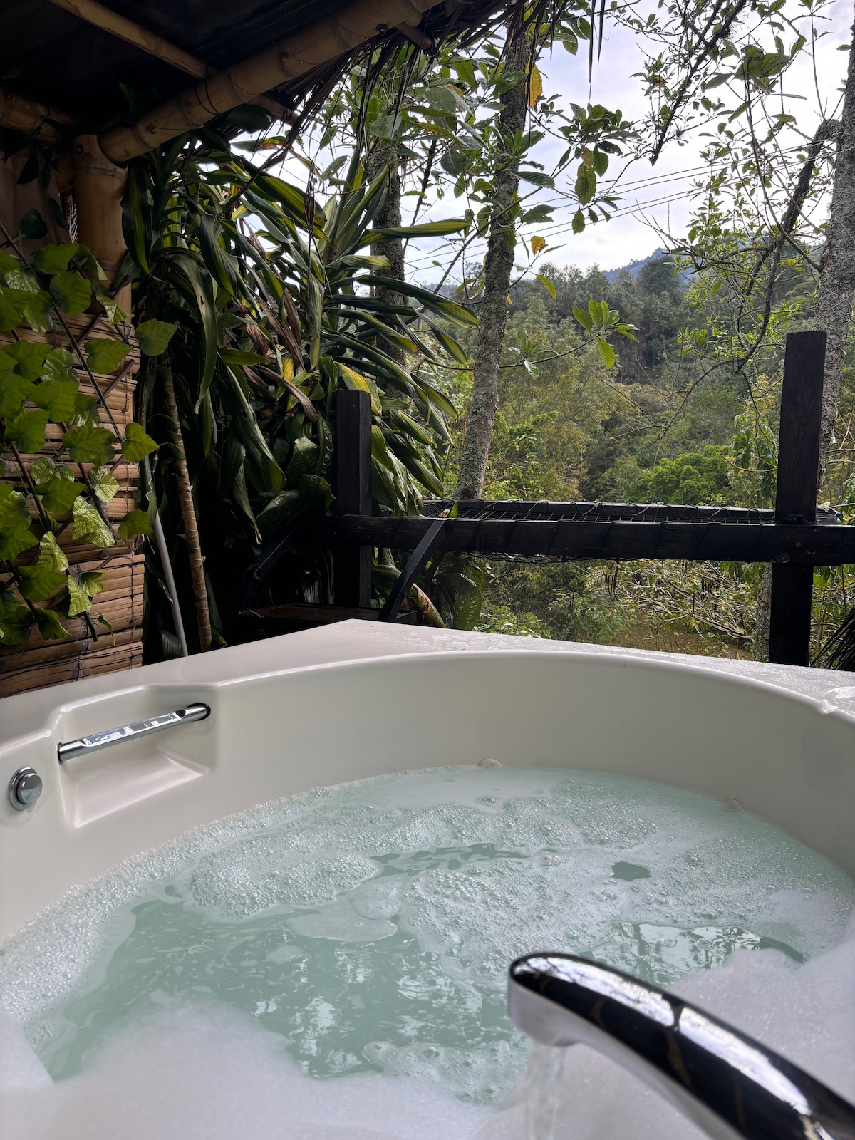 A bubbling hot tub is positioned on a wooden deck, surrounded by lush greenery. The tranquil scene features plants climbing the bamboo structure, with a view of distant mountains visible through the trees. Soft natural light illuminates the inviting space.