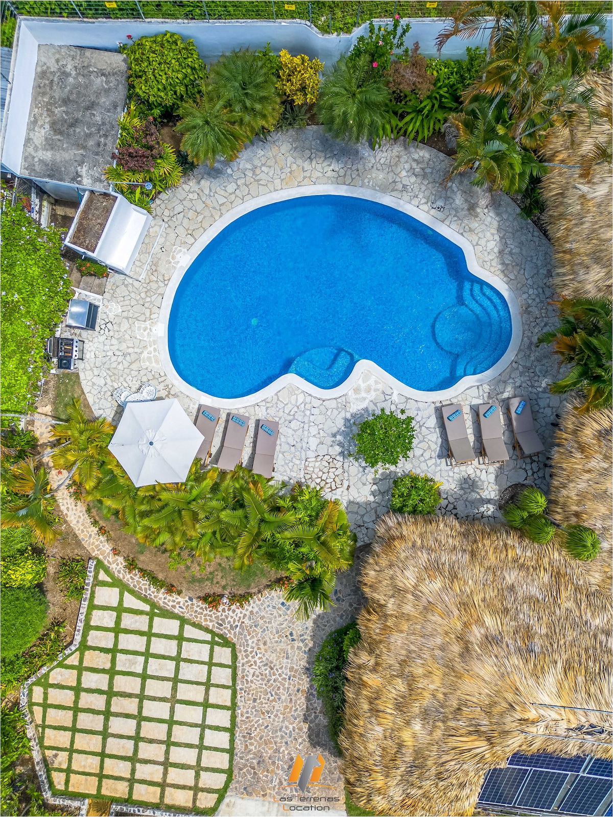 An aerial view captures a spacious swimming pool surrounded by a stone patio. Six comfortable lounge chairs are positioned under the sun, while an umbrella provides shade. Lush tropical greenery encircles the area, enhancing the serene atmosphere of the outdoor space.