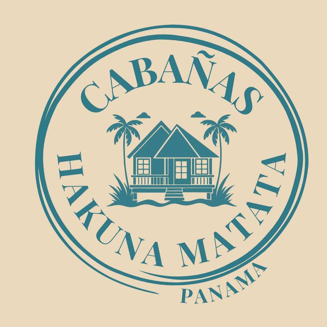 A circular emblem features a stylized illustration of a house with a porch, surrounded by palm trees. The text 'Cabañas Hakuna Matata Panama' is displayed prominently, with a balanced arrangement and a color scheme of teal against a beige background.