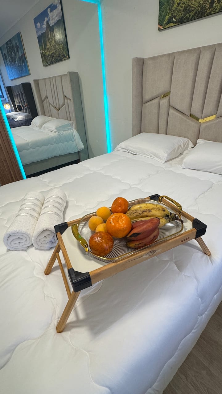 Disfruta de la Habitación con 2 Camas de 2 plazas en seda y azul con un gran Espejo Multicolor de Cuerpo Entero, TV Samsung NeoQled con TV Samsung Plus con más de 140 canales en vivo con Internet Fibra Optica de Alta Velocidad
