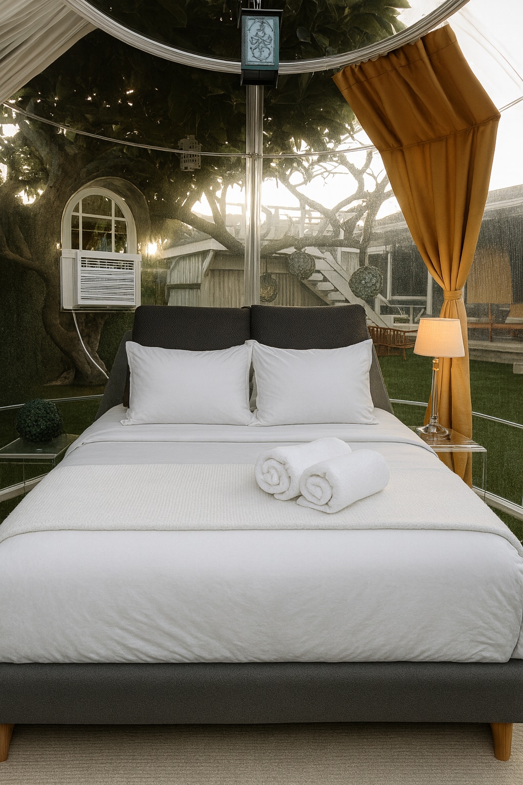 توفر غرفة النوم الهادئة هذه، المغطاة بستائر ذهبية، سريرًا فخمًا مع بياضات ناعمة وإضاءة خفيفة. محاط بالطبيعة ولكنه مليء بالراحة، إنه ملاذ هادئ حيث تشعر كل ليلة وكأنها ملاذ سحري.