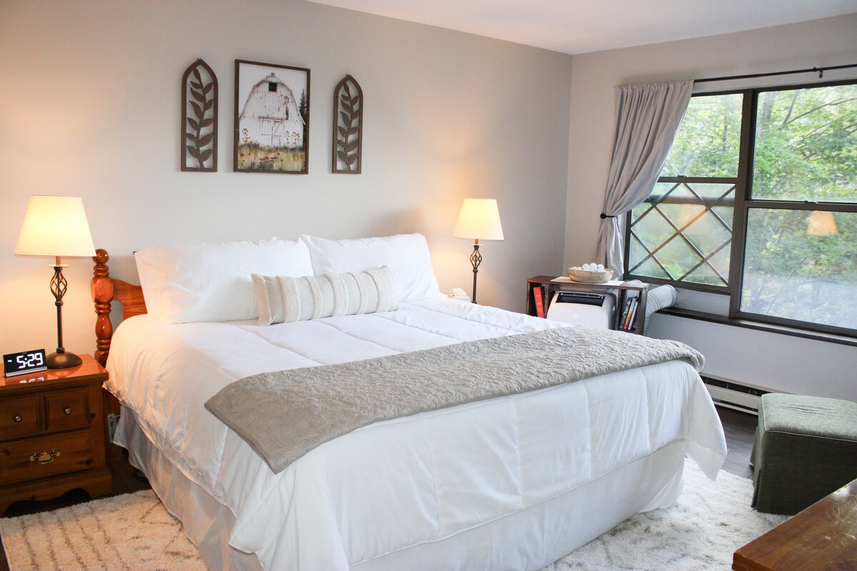 تم تأثيث غرفة النوم الرئيسية بسرير كبير الحجم عالي الجودة ووسائد مريحة لتتناسب معه. 