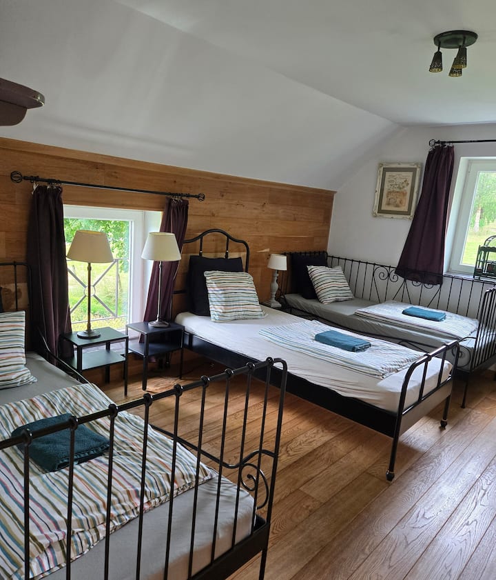 Habitación para niños con 3 camas individuales, baño con ducha y lavabo privado. Ropa de cama disponible bajo petición.