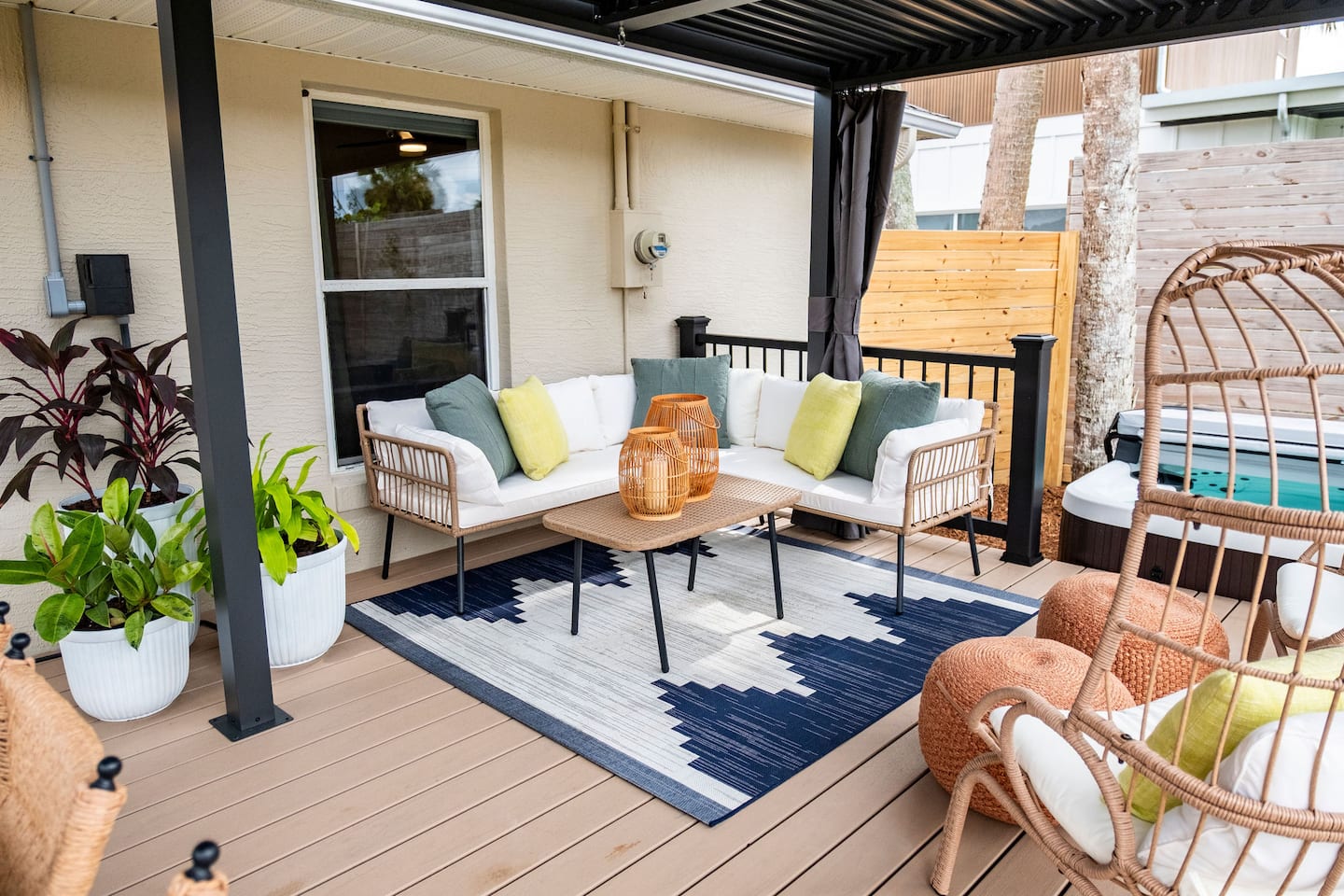 Fenced backyard with hot tub, covered deck and fire pit, Luxury Beach Haven, Palm Coast, Florida