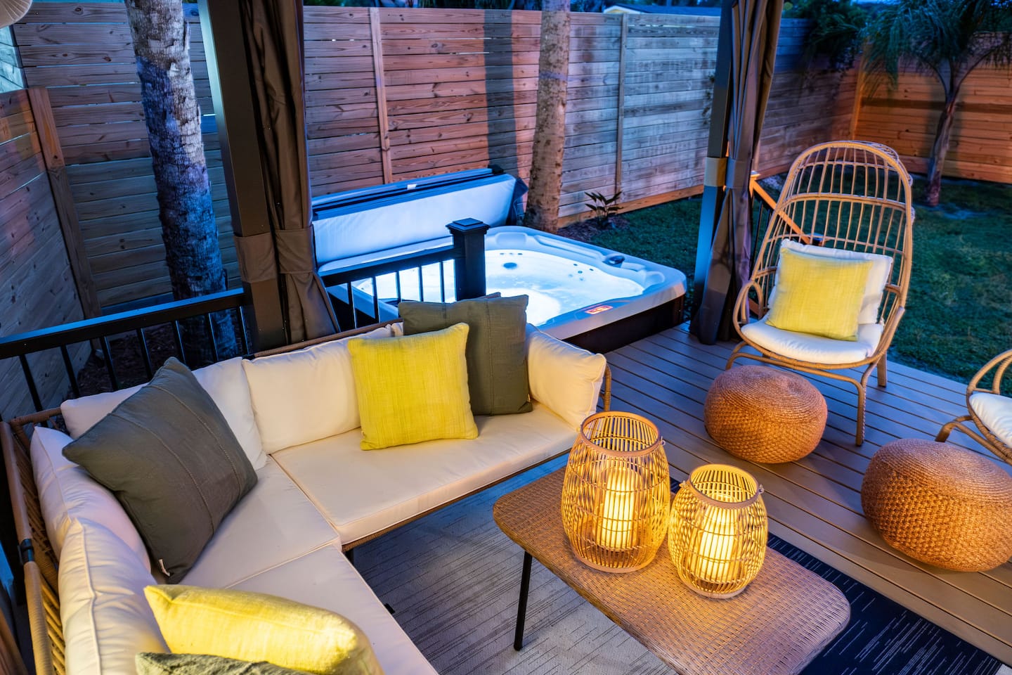 Fenced backyard with hot tub, covered deck and fire pit, Luxury Beach Haven, Palm Coast, Florida