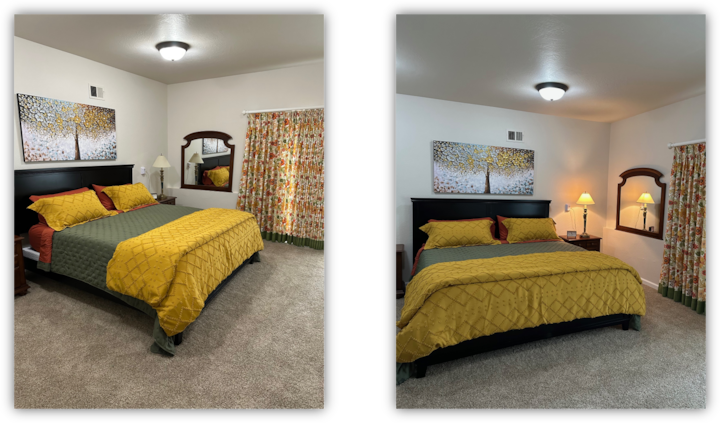 Spálňa s manželskou posteľou na prízemí, zdieľaná kúpeľňa