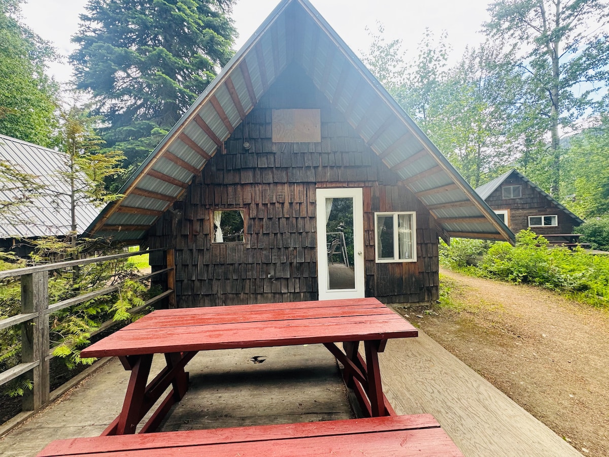 The cabin exterior is characterized by rustic wood siding and a sloped roof. A red picnic table is situated in front, providing a contrast against the natural surroundings. Lush greenery is visible in the background, enhancing the outdoor setting.