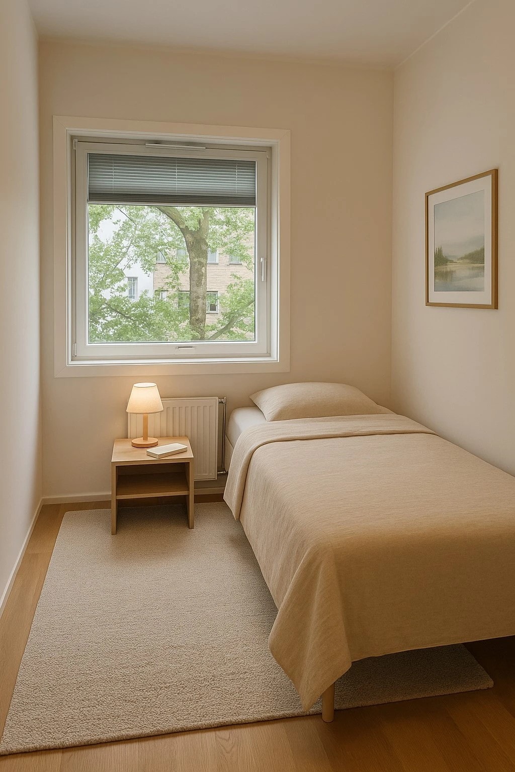 Slaapkamer 3 met eenpersoonsbed dat kan worden uitgetrokken tot een tweepersoonsbed. Geef bij het reserveren het aantal gasten door. 
