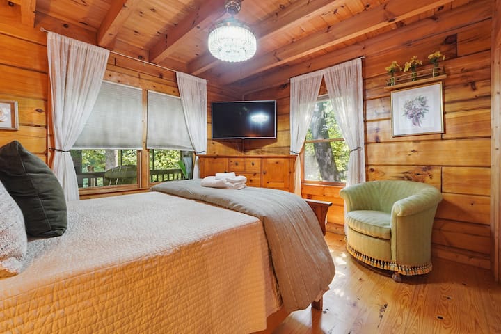 Hlavná spálňa na hlavnom poschodí s televízorom a výhľadom na zadný dvor.