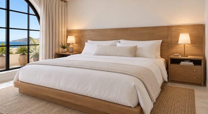 Profitez de ce charmant lit « king size » avec une télévision privée, un accès à la terrasse et de superbes vues, des placards intégrés et une salle de bain privée.