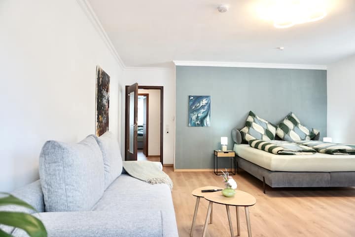 Sala de estar con cama doble, sofá cama y comedor 