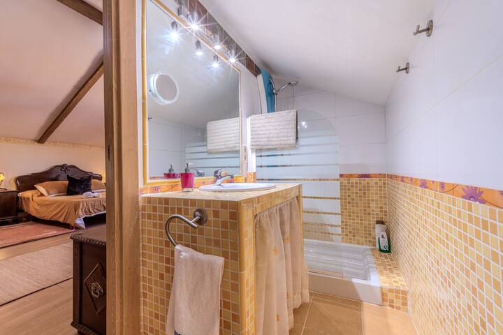 Baño completo 3 con ducha, lavabo de madera y azulejos de colores: con mucho encanto.