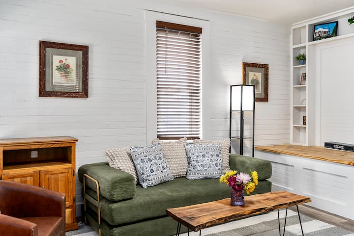 Comfortable sleeper sofa and live edge coffee table.