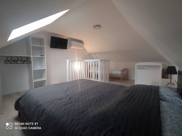 bonita habitación abuhardillada, con una cama para 2 personas, una cama para una persona, así como una cuna con sus barras.
habitación con aire acondicionado con control remoto para el ajuste perfecto de la temperatura deseada.
pequeño vestidor y televisión.