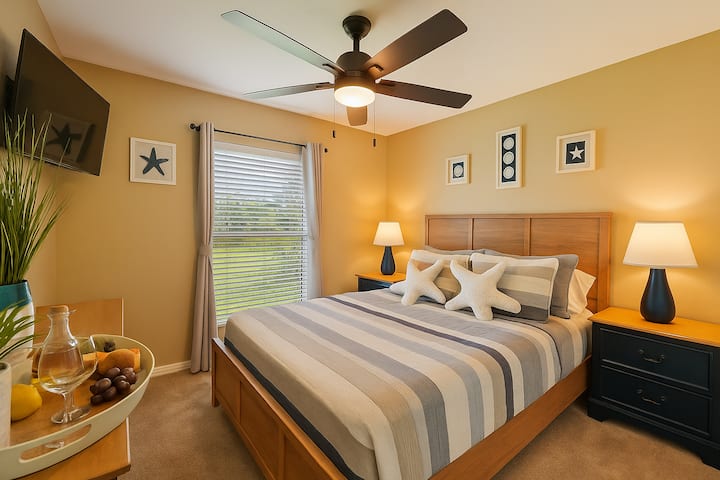 Cozy queen bedroom with luxury hybrid memory foam mattress, and Smart TV. Lots of storage with closet, dressers and nightstands. USB chargers on each side of bed.